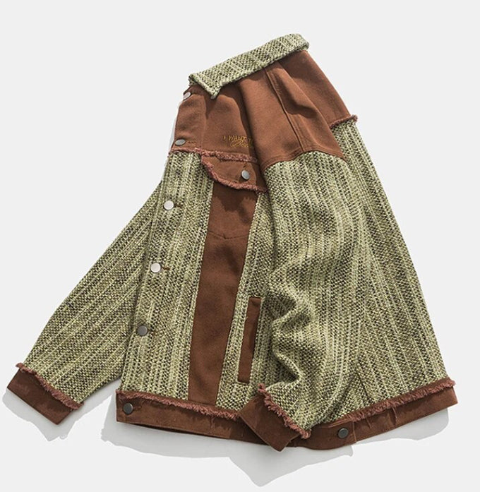 Men's Woven Patchwork Retro Green and Brown Denim Jeans Jacket