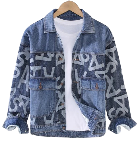 Men’s Alphabet Large Pocket Blue Denim Jeans Jacket Coat