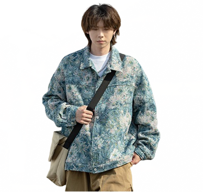 Men’s Quaint Floral Cloud Long Sleeved Denim Jacket