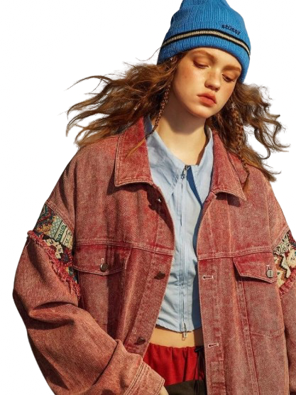 Women’s Pink Geometric Trim Oversized Denim Jeans Jacket