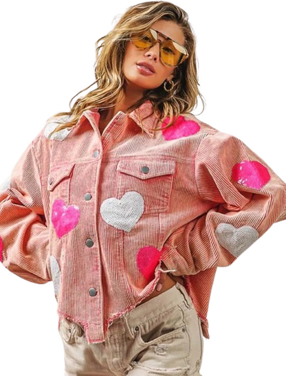 Women’s Love Heart Long Sleeve Corduroy  Denim Jeans Jacket