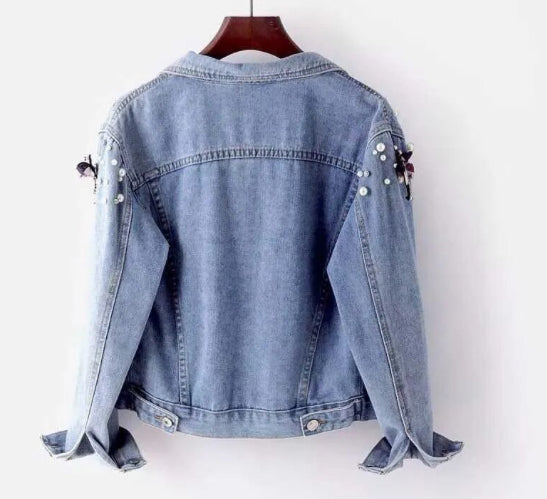 Woman’s Butterfly and Pearl Long Sleeve Denim Jeans Jacket