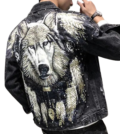 Men’s Detailed Sequin Spirit Wolf Handmade Denim Jean Jacket