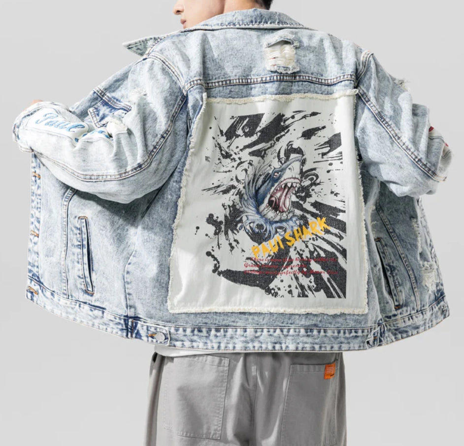 Men’s Retro Distressed Shark Print DenimJeans Jacket Coat