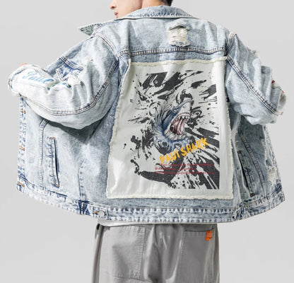 Men’s Retro Distressed Shark Print DenimJeans Jacket Coat