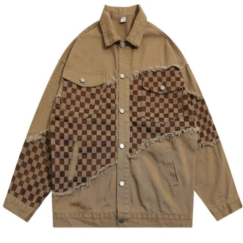 Men’s Checkerboard Tear Oversized Denim Jeans Jacket Coat