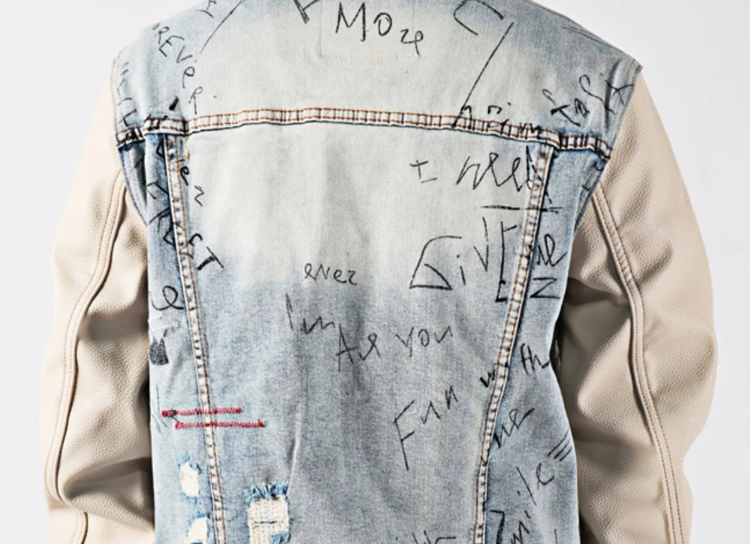 Men’s Baseball and Graffiti  Patchwork Denim Jeans Jacket Coat