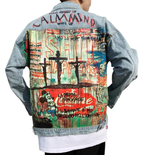 Men’s Sacrifice Graffiti Oversized Denim Jacket Coat