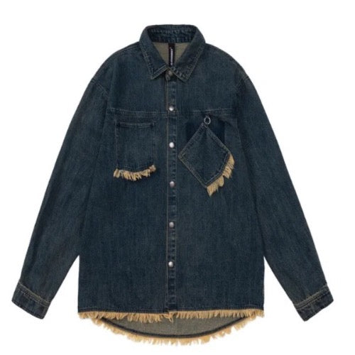 Men’s Burr Tassel and Tilt Navy Denim Jeans Jacket Coat