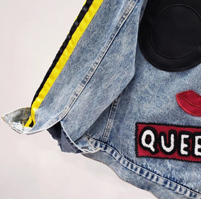 Women’s Retro Sequins Queen Loose Denim Jeans Jacket