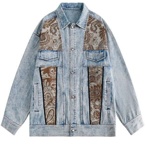 Men’s Stonewashed Retro Floral Jacquard Patchwork Denim Jean’s Jacket