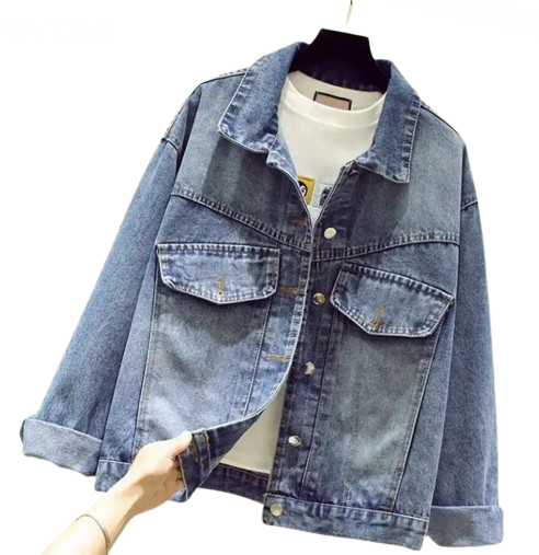 Women’s Retro Cartoonia Long Sleeved Blue Denim Jeans Jacket