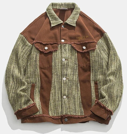 Men's Woven Patchwork Retro Green and Brown Denim Jeans Jacket