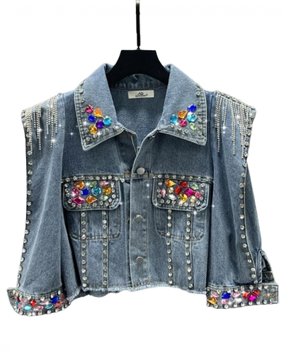 Women’s Diamanté and Pearl Heart Tassel Denim Long Sleeve Jeans Jacket Coat