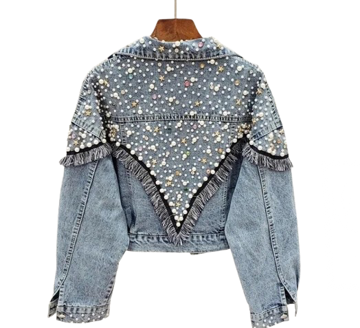 Women's Handmade Loose Fit Pearl and Stars Denim Jacket