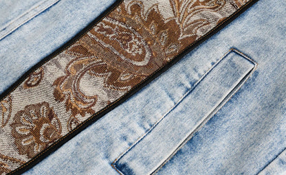 Men’s Stonewashed Retro Floral Jacquard Patchwork Denim Jean’s Jacket