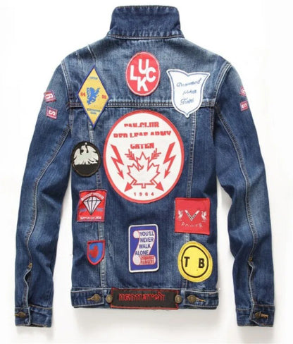 Men’s Retro Emblem Badge Denim Jeans Jacket