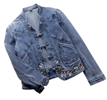 Women's Vintage Retro Chinoiserie Butterfly Embroidered Handmade Short Denim Jeans Jacket