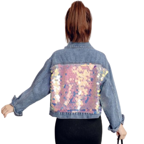 Women’s Sequin Back Short Long Sleeve Denim Jeans Jacket