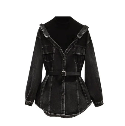 Women's Denim Single Breasted Belt Two Piece Denim Jacket Coat