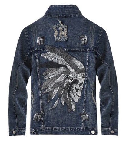 Men’s Shamans Skull Ripped Denim Jacket Coat