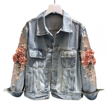 Women’s Three-dimensional Floral Dream  Denim Jeans Jacket with Pearl Beading