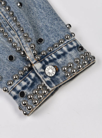 Women’s Short Denim Rivet Beads Bomber Jeans Jacket