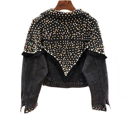 Women's Handmade Loose Fit Pearl and Stars Denim Jacket