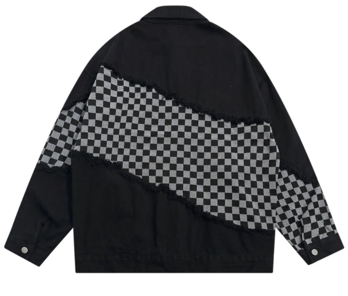 Men’s Checkerboard Tear Oversized Denim Jeans Jacket Coat