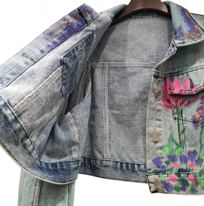 Women’s Hand Painted Lavender Dream High Shouldered Short Denim Jean’s Jacket