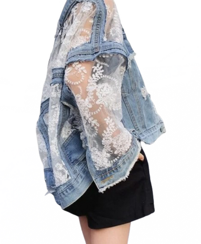 Women’s Lace and Denim Long Sleeve Jeans Jacket