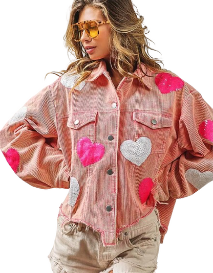 Women’s Love Heart Long Sleeve Corduroy  Denim Jeans Jacket