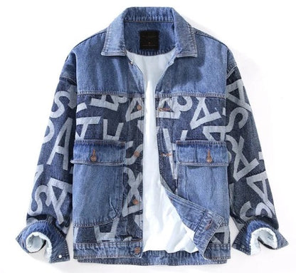 Men’s Alphabet Large Pocket Blue Denim Jeans Jacket Coat