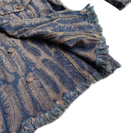 Men’s Vintage Feather Jacquard Tassel Denim Jacket Coat