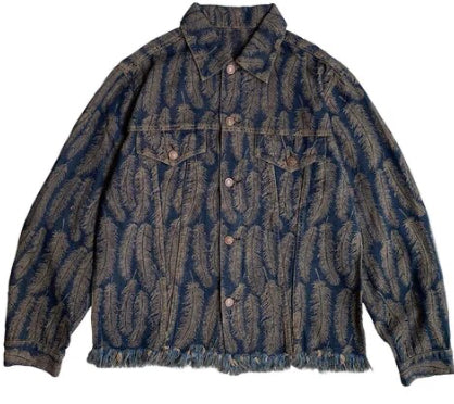 Men’s Vintage Feather Jacquard Tassel Denim Jacket Coat