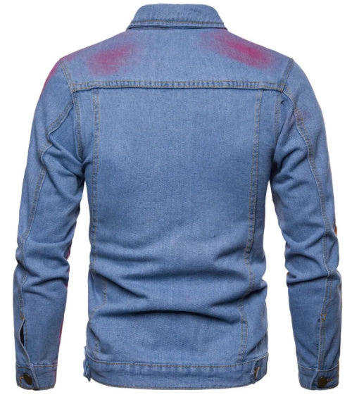 Men’s Purple and Yellow Ink splash Denim Blue Jeans Jacket