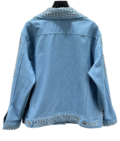 Women’s Diamanté Rhinestone Diva Long Sleeve Loose Denim Jacket Coat