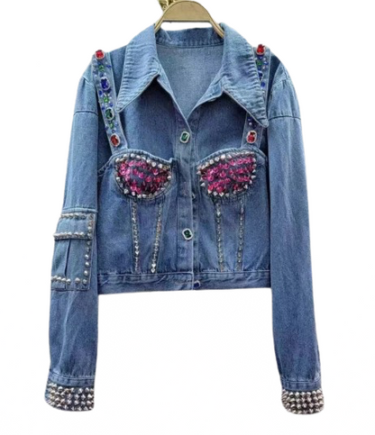 Women‘s Brassiere Bead and Gem Outline Cowgirl Style Denim Jeans Jacket Coat