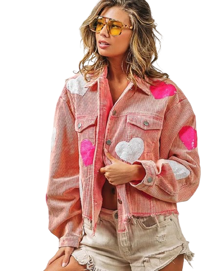 Women’s Love Heart Long Sleeve Corduroy  Denim Jeans Jacket