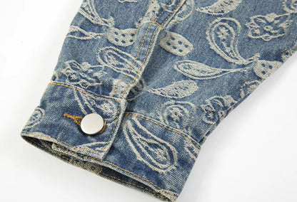 Men’s Cashew Flower Checkerboard Blue Denim Jeans Jacket Coat