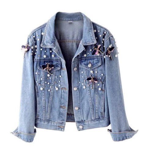 Woman’s Butterfly and Pearl Long Sleeve Denim Jeans Jacket