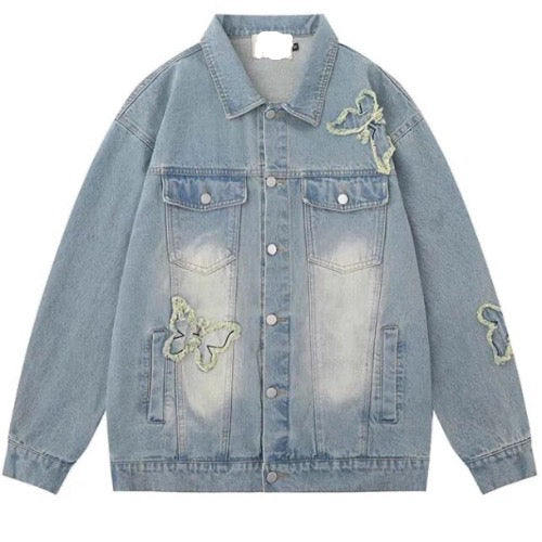 Unisex Retro Embroidered Rhinestone Butterfly Denim Jeans Jacket  Coat