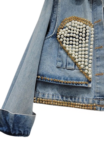 Women’s Heart of Pearl and Studs Long Sleeve Denim Jeans Jacket