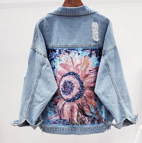 Women’s Floral Sequence Long Sleeve Denim Jeans Jacket