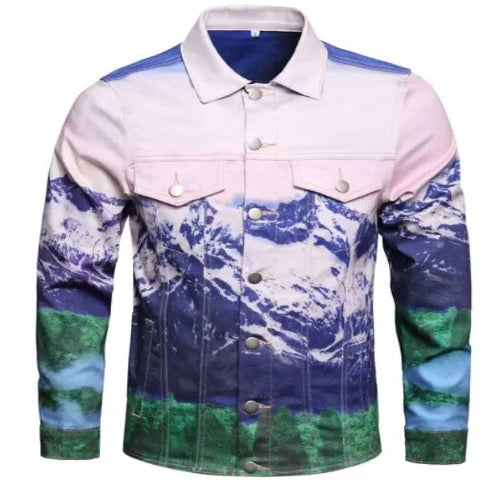 Men’s Mountain Peak Print Denim Jeans Jacket Coat