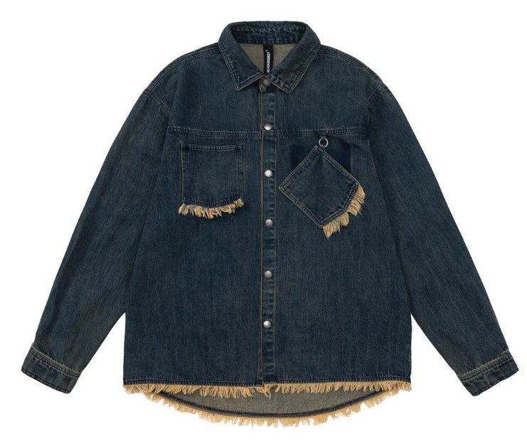 Men’s Burr Tassel and Tilt Navy Denim Jeans Jacket Coat