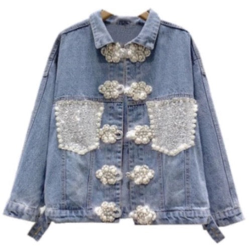 Women’s Retro Quaint  Pearlocious Denim Jeans Jacket