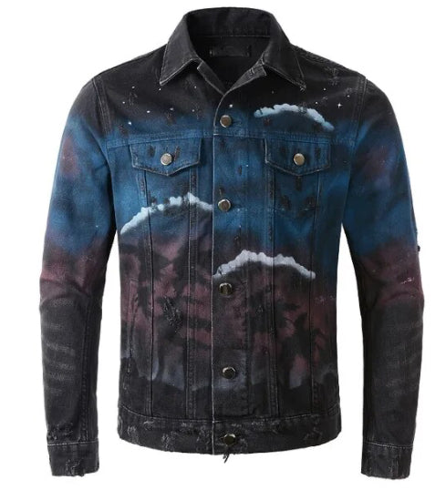 Men’s Night Moonlight Palm Gradient Denim Jeans Jacket Coat