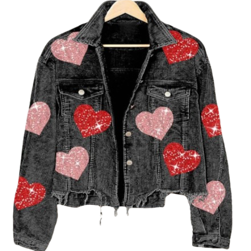 Women’s Love Heart Long Sleeve Corduroy  Denim Jeans Jacket