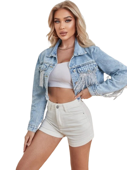 Women’s Cropped Tassel Long Sleeved Denim Jeans Jacket.